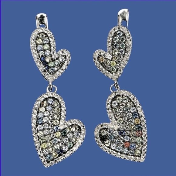 925 Sterling Silver Heart Earrings 3cm with Natural Sapphire & White Topaz Gems